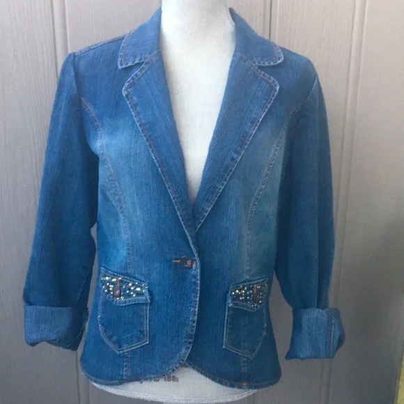 Denim jean vintage RL look Jacket button fitted glam blue boho - Picture 4 of 13